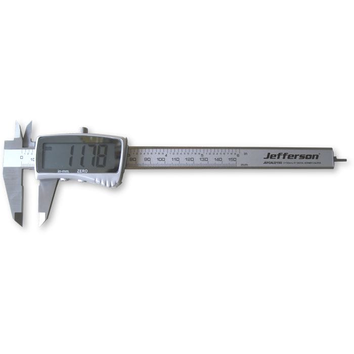 JEFFERSON Digital Vernier Caliper, 150mm • Hardened, tempered stainless steel with a satin finish • LCD easy-read display • Metric and Imperial scale with a conversion function button • Zero reset button allows for comparative measurements • Supplied in storage case