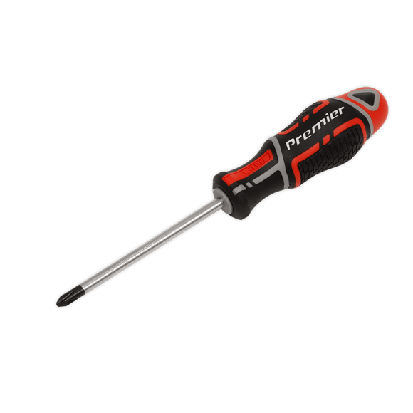 Premier GripMAX® Pozi Screwdriver #2 x 100mm One of a comprehensive range of Premier Hand Tools, suitable for daily professional use. High quality Chrome Vanadium satin finished shaft with shot blasted and magnetized tip. Ergonomic polypropylene and TPV rubber soft grip handle maximizes power transfer from hand to fixing. Includes hanging hole for alternative storage.